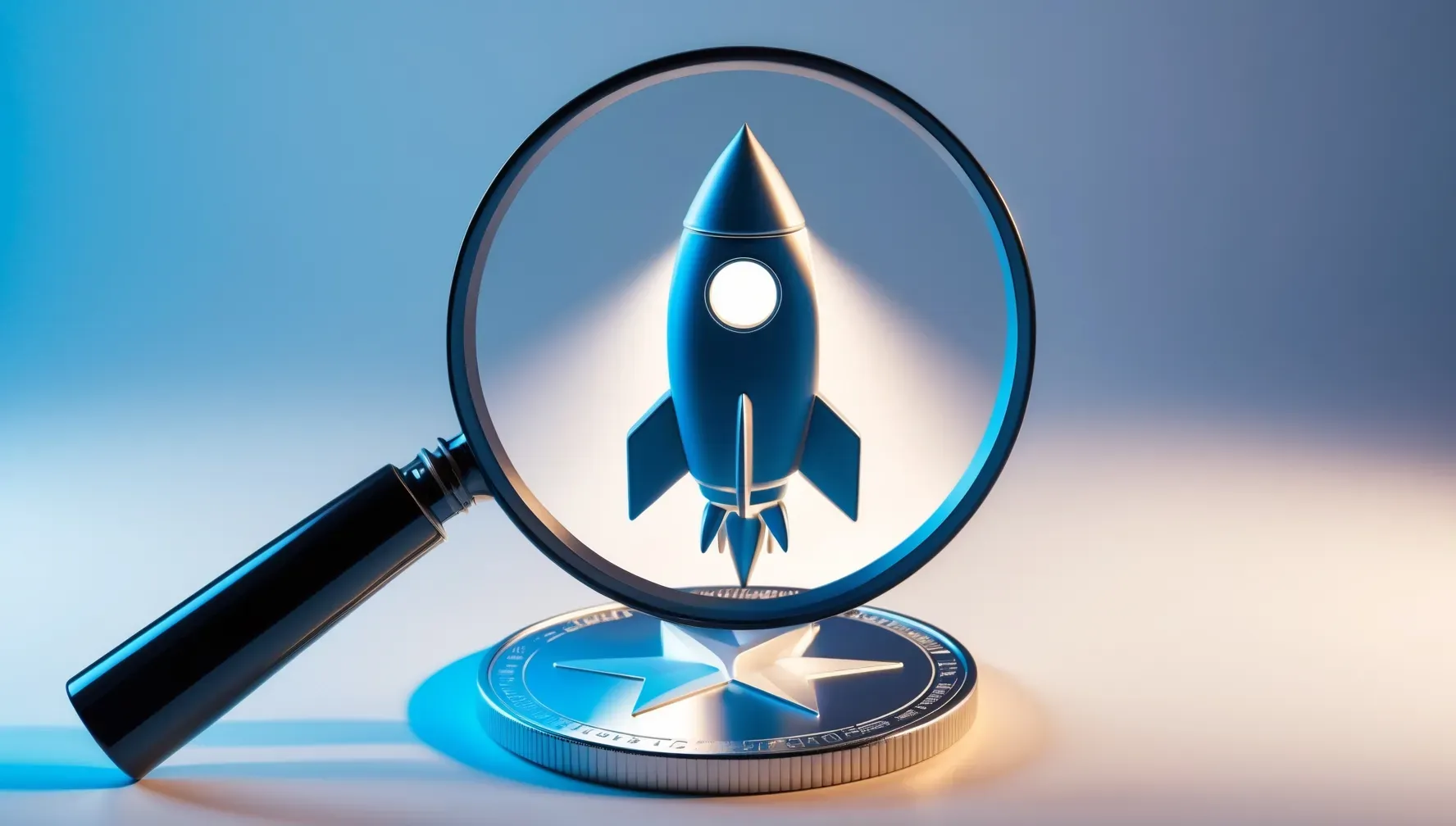 Magnifying glass focusing on a digital coin with a rocket symbol