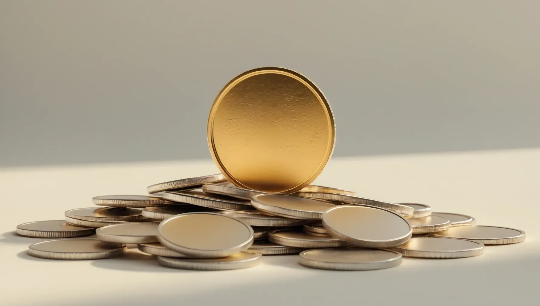 Bright gold coin standing out among ordinary coins