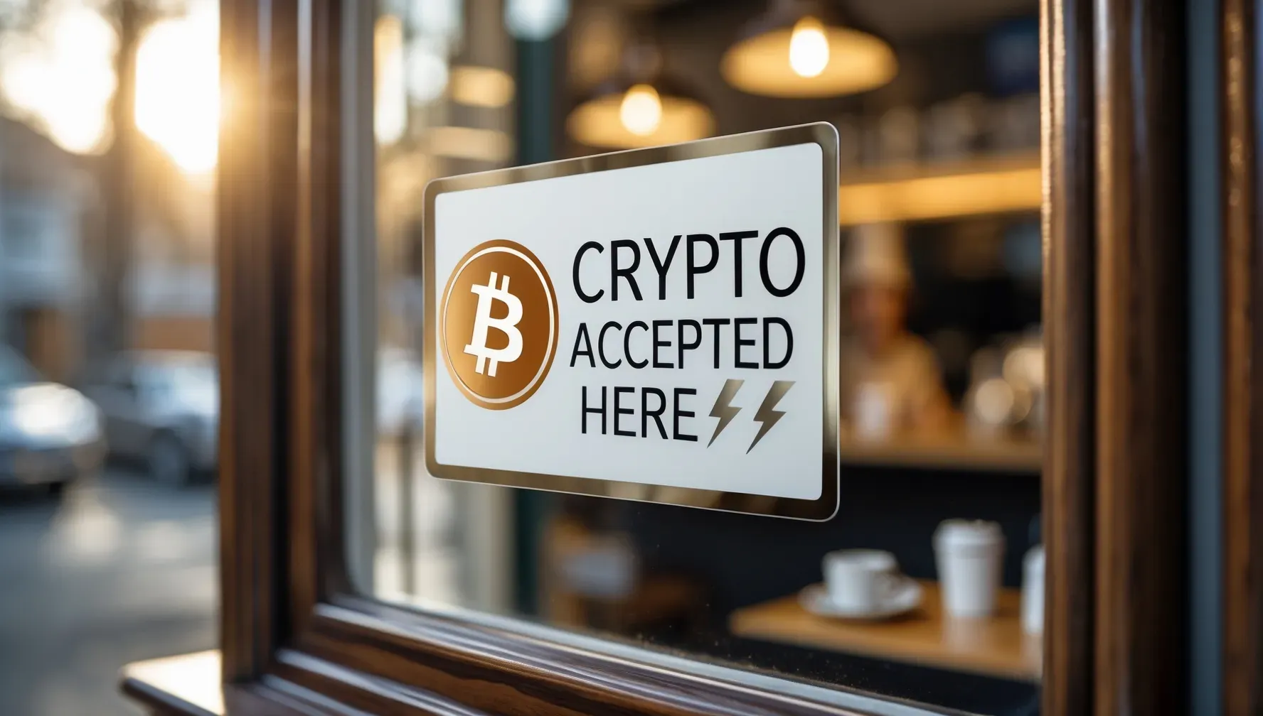 Café window with “Crypto Accepted” sticker