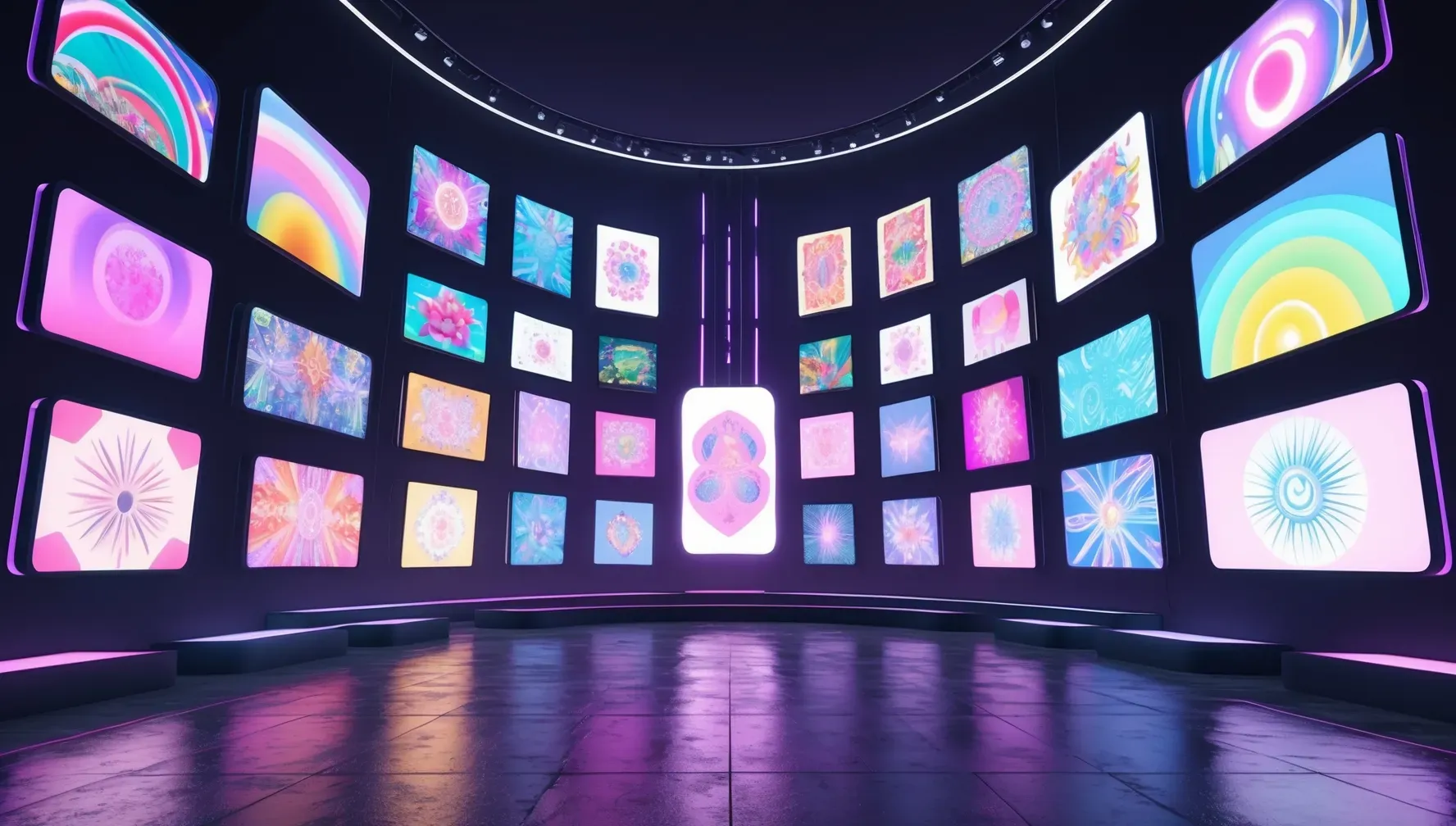 Virtual gallery with colorful NFT art screens