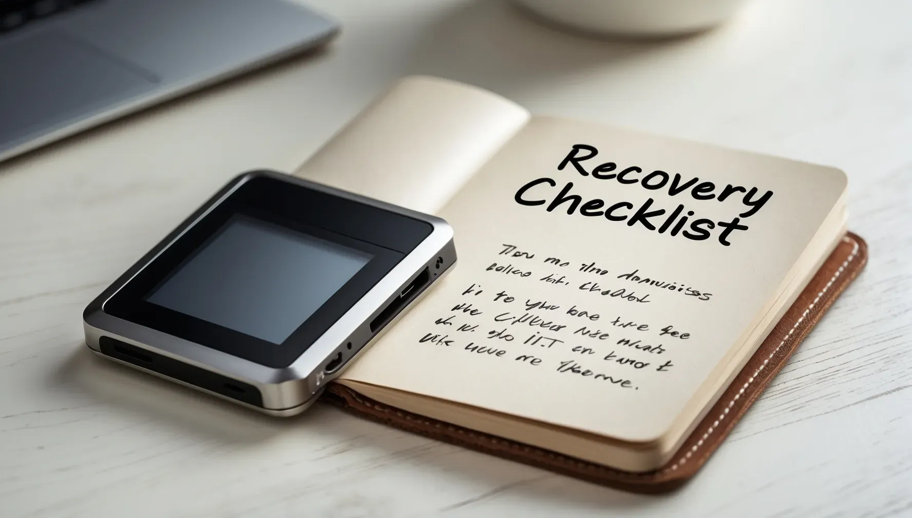 Hardware wallet and notebook with seed phrase recovery checklist