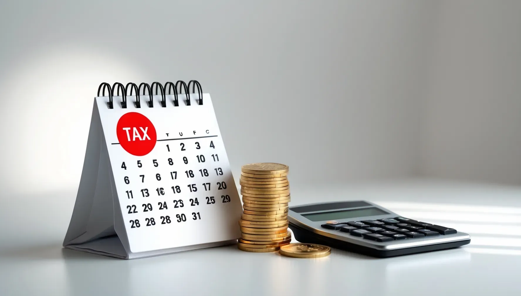 Calendar with tax day circled, bitcoins, and a calculator on the table